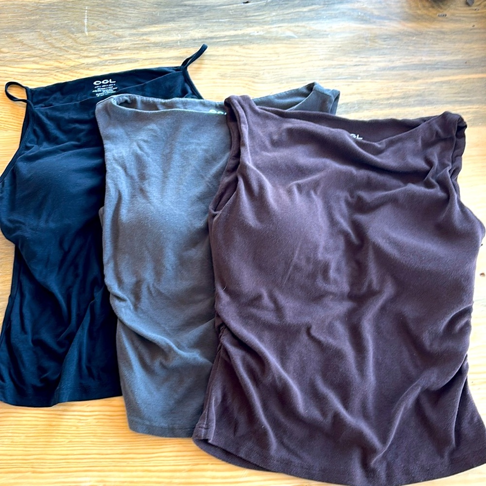 OGL sleeveless tops: brown, olive, black